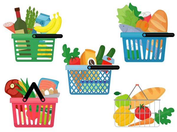Zestaw Pięciu Kolorowych Obrazów Koszykami Pełnymi Towarów Żywności Ilustracja Wektora Grafika Wektorowa