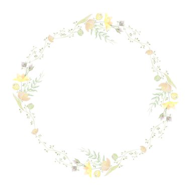 Sarı çiçekli yaban çiçeklerinin yuvarlak çerçevesi suluboya vektör. Vektör illüstrasyonu