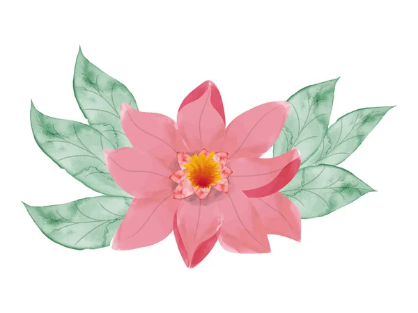 Cor Água Flor Rosa Desenhada Mão Com Folhas Verdes Ilustração —  Vetores de Stock