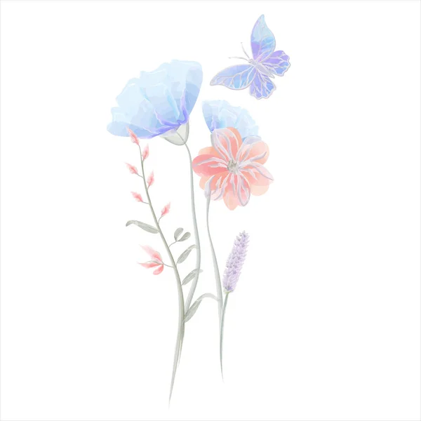 Komposition Von Feld Blauen Blumen Vektor Aquarell Vektorillustration — Stockvektor
