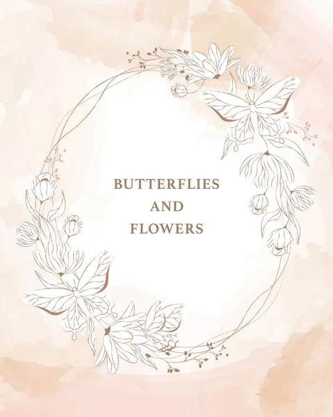 Oval Frame Flowers Butterflies Vector Illustration — Stock Vector