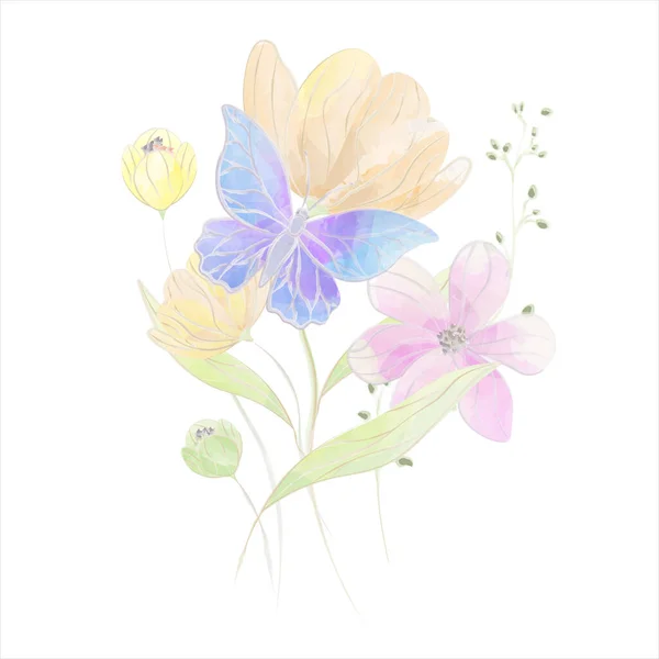 庭の花の配置 水彩ベクター 黄色とピンクの花 ベクトルイラスト — ストックベクタ