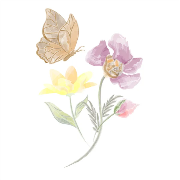 Composizione Fiori Selvatici Con Fiore Viola Vettoriale Acquerello Illustrazione Vettoriale — Vettoriale Stock