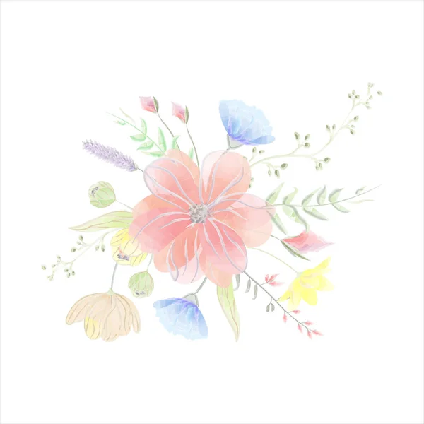 composition of flowers with a pink flower in the center vector watercolor. Vector illustration