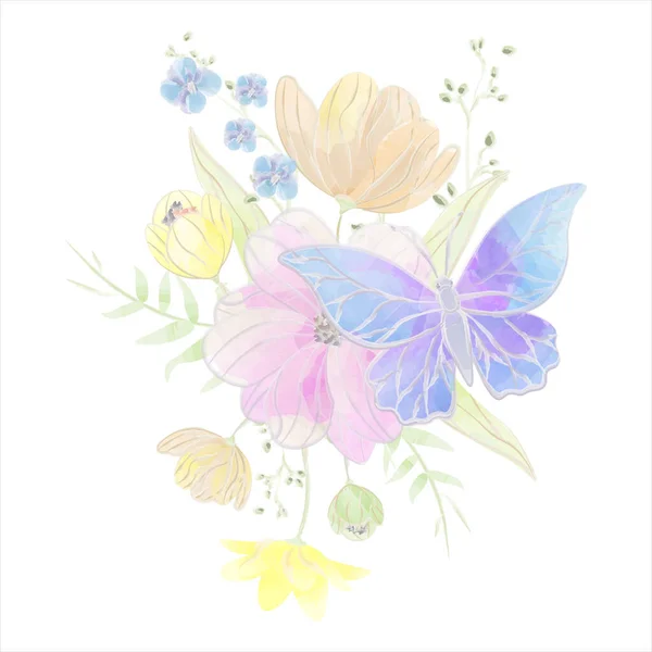 Composição Flores Jardim Borboletas Azuis Vetor Aquarela Ilustração Vetorial — Vetor de Stock