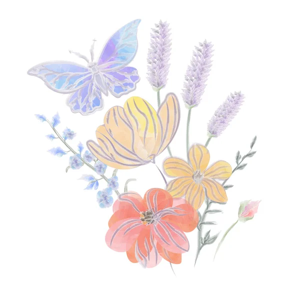 Composição Diferentes Flores Silvestres Com Azul Borboleta Vetor Aquarela Ilustração —  Vetores de Stock