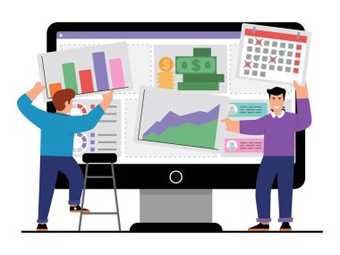 Dijital iş stratejisi oluşturan takımın vektör çizimi. Vektör illüstrasyonu