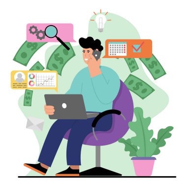 İş faaliyetlerini kontrol eden bir yöneticiyle vektör çizimi. Vektör illüstrasyonu