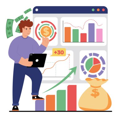 İş sahibinin vektör illüstrasyonu iş büyümesini kontrol eder. Vektör illüstrasyonu