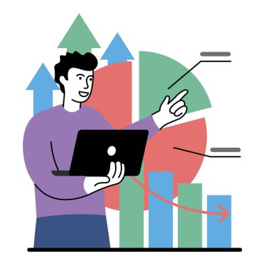 Dijital iş bilgileriyle çalışan müdürün vektör çizimi. Vektör illüstrasyonu