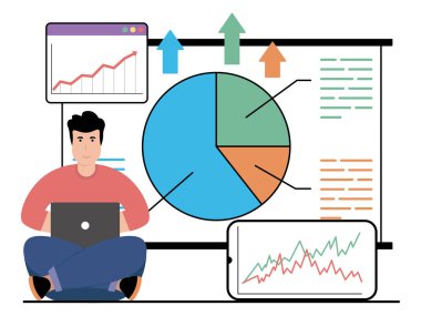 Bir kişi ile vektör çizimi dijital iş faaliyetlerini analiz eder. Vektör illüstrasyonu