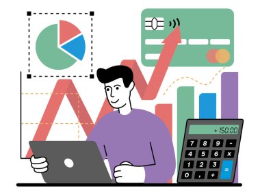 Kişinin vektör illüstrasyonu iş dünyasının maliyetlerini ve kârını hesaplar. Vektör illüstrasyonu