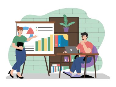 Çalışanları eğiten koçun vektör çizimi. Vektör illüstrasyonu