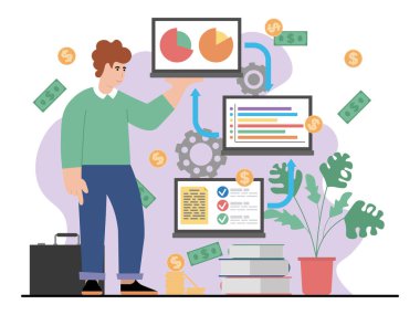 Kazanç şemasını gösteren bir adamla vektör çizimi. Vektör illüstrasyonu