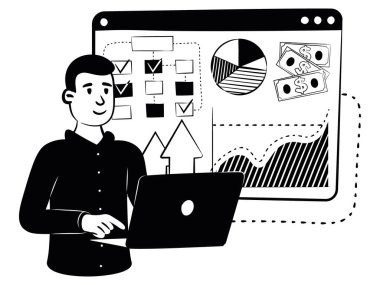 Yeni iş fikirlerini araştıran bir adamın el çizimi tasviri. Vektör illüstrasyonu