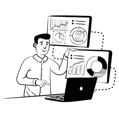 İnsan eliyle çizilmiş vektör görüntüsü bilgi grafikleriyle iş dünyasının karlılığını analiz eder. Vektör illüstrasyonu