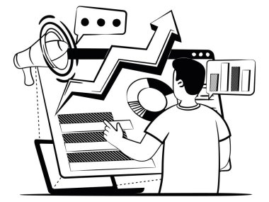 Grafiklere odaklanan ve pazar analizi yapan bir adamın el çizimi vektör resmi. Vektör illüstrasyonu