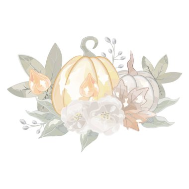 Sonbahar yaprakları ve balkabaklarının suluboya vektörü. Vektör illüstrasyonu