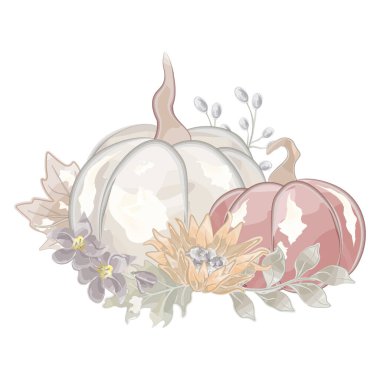 İki balkabağı ve çiçek vektörü suluboya ile sonbahar kompozisyonu. Vektör illüstrasyonu