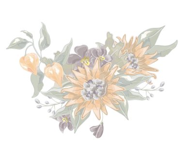 Sonbahar kompozisyonu sonbahar çiçekleri ve yaprakları. Vektör illüstrasyonu