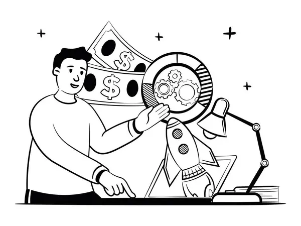 Yeni dijital girişimi başlatan adamın el çizimi vektör görüntüsü. Vektör illüstrasyonu