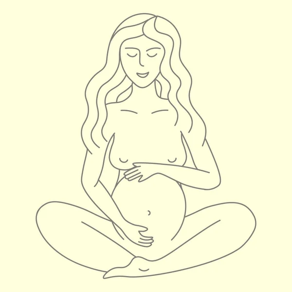 Беременная Девушка Сидит Позе Лотоса Линейной Иллюстрации Векторная Иллюстрация Стоковый вектор