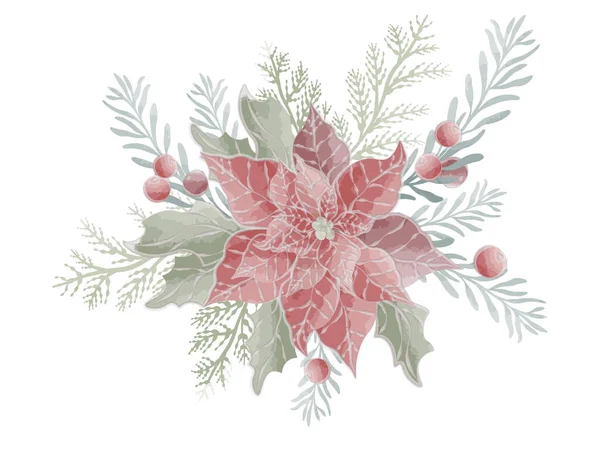 Jul Sammansättning Med Röd Blomma Och Gran Grenar Vektor Akvarell Royaltyfria illustrationer