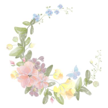 Farklı yabani çiçeklerden oluşan yarım daire şeklinde bir çerçeve ve kelebek suluboya vektörü bırakıyor. Vektör illüstrasyonu