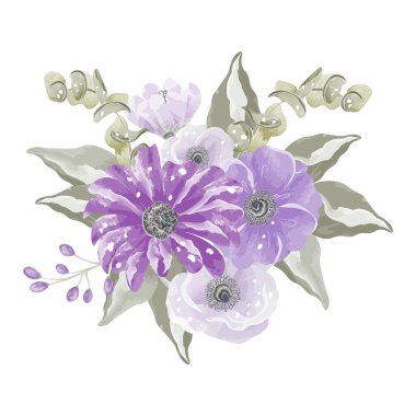 Mor suluboya çiçeklerin bileşimi ve geriye vektör bırakıyor. Vektör illüstrasyonu