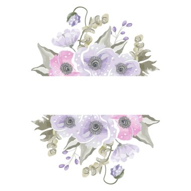 dikey pankart ve suluboya stilinde farklı mor çiçekler şeffaf arkaplan. Vektör illüstrasyonu