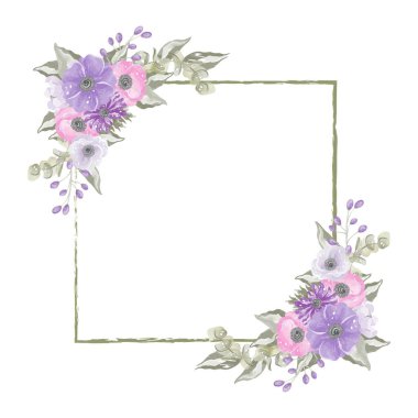 yeşil çerçeveli arka plan, köşelerinde mor çiçekler olan suluboya. Vektör illüstrasyonu