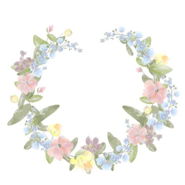 Farklı yabani çiçeklerden bir çelenk ve suluboya çiçek aranjmanı bırakır. Vektör illüstrasyonu