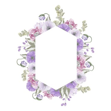 Ana hatları suluboya olan mor çiçekli altıgen pankart. Vektör illüstrasyonu