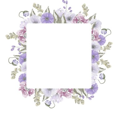 Mor suluboya çiçekleri olan kare pankart arka planı. Vektör illüstrasyonu