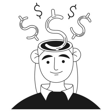 Finansal karakter para hakkında düşünüyor, para kafadan. Vektör illüstrasyonu