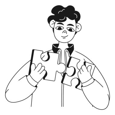 Elinde bulmacalar olan bir adamın dijital iş illüstrasyonu. Vektör illüstrasyonu