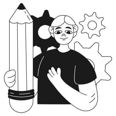 Elinde kalem olan bir adamın dijital iş çizimi. Vektör illüstrasyonu