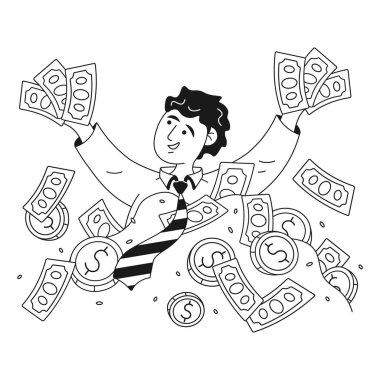 Para dağında yüzen bir finans karakteri. Vektör illüstrasyonu