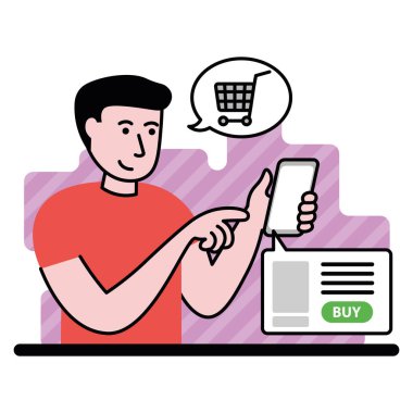 Akıllı telefonla alışveriş yapmanın kolaylığını gösteren bir adamla vektör düz çizim. Vektör illüstrasyonu
