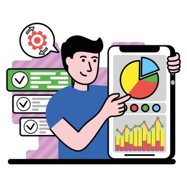 Kişinin vektör görüntüsü bir işi akıllı telefon kullanarak analiz eder. Vektör illüstrasyonu