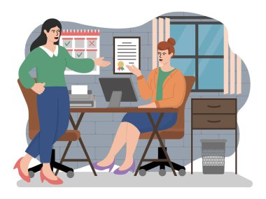 Şirket ofisinde çalışan kızların vektör görüntüsü. Vektör illüstrasyonu