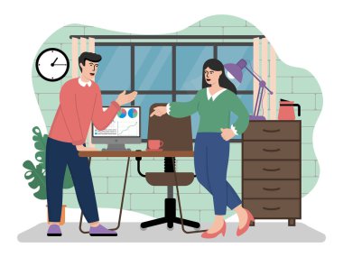 Şirket çalışanlarının vektör görüntüsü rahat bir ofiste toplantı düzenler. Vektör illüstrasyonu