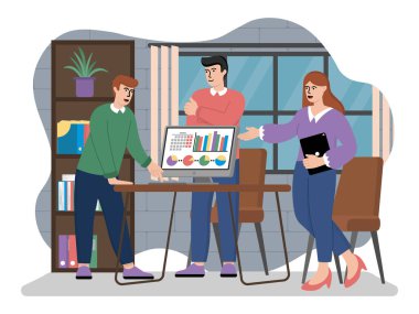 Finansörün vektör görüntüsü şirketin yönetim kuruluna bir sunum yapar. Vektör illüstrasyonu