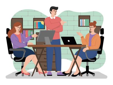 Faaliyetlerin sonuçlarını tartışan bir işin vektör görüntüsü. Vektör illüstrasyonu