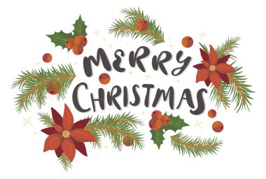 Mektuplarda köknar ve çobanpüsküllü Noel tasarımınız kutlu olsun. Vektör illüstrasyonu