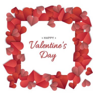 Kare arkaplan, kırmızı kalpler, kontür boyunca kağıt gradyan tarzında. Vektör illüstrasyonu