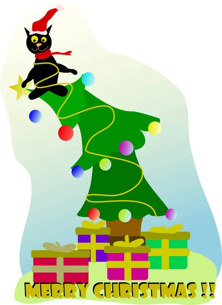 クリスマスツリー上の黒猫 — ストックベクタ