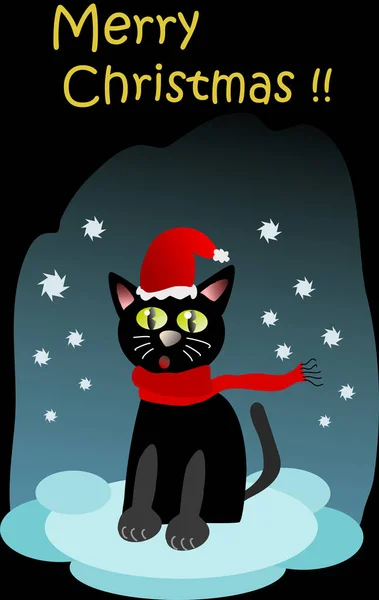Gatto Nero Augura Buon Natale — Vettoriale Stock