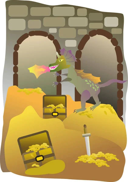 Illustration Dragon Lost Treasure — Stock Vector