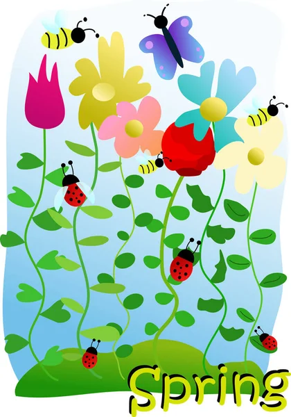 Jarní Ilustrace Květinami Hmyzem — Stockový vektor